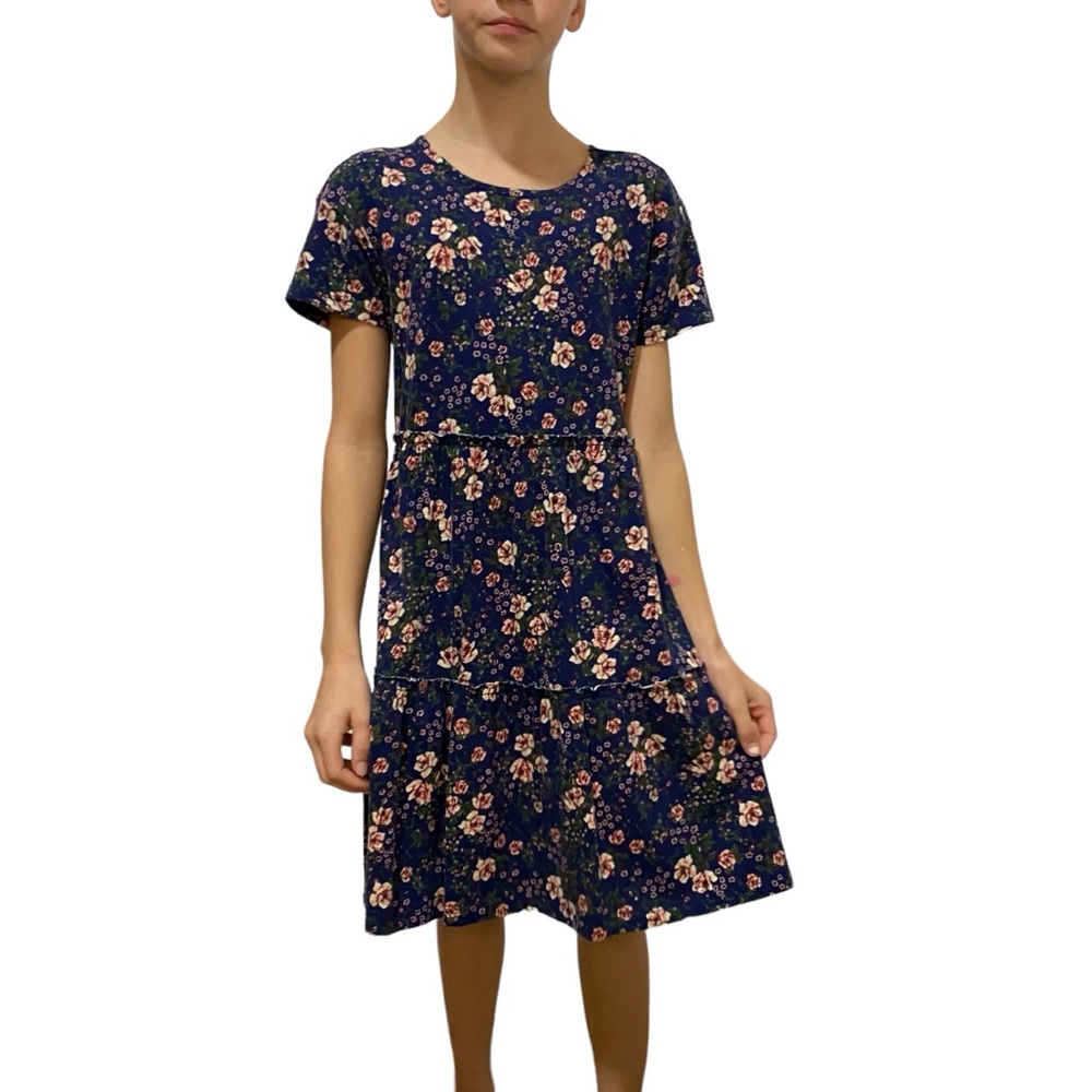 OLD NAVY Dress Floral Print Short Sleeve Size 10/12 Navy Blue Pink Cotton